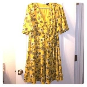 Yellow Floral Flutter Sleeve Wrap Dress